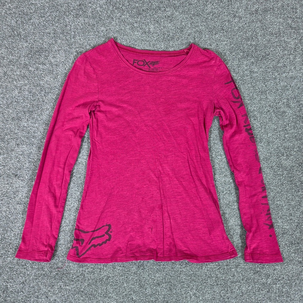 Y2K Fox Racing Womens Magenta Graphic Long Sleeve Scoop Neck Tee Size Small Flaw